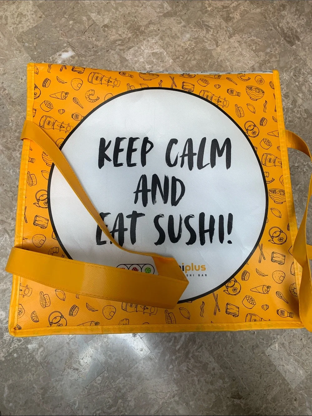 Stylish Yellow 'Keep Calm and Eat Sushi' Reusable Tote Bag. Pre-Owned.Sz:10x10x5